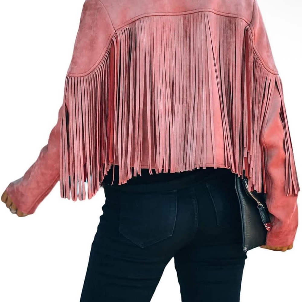 Fringe Suede Cropped Jacket - Pink - Picture 2 of 8
